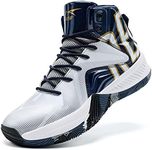 Kids Basketball Shoes Boys Basketball Shoe Girls Basketball Trainers Comfort High Top Trainers,White Blue,2 UK