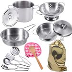 Stainless Steel Pretend Cooking Utensils Cookware Set,Mini Play Kitchen Accessories,Play Pots and Pans Toys Packed in a golden cloth bag for Kids Toddlers