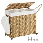 SONGMICS Laundry Basket with Lid, 160 L, Rolling Laundry Hamper with Wheels, 3-Compartment Synthetic Rattan, Removable Liner, for Laundry Room, Bedroom, 70 x 36 x 66 cm, Natural LCB365N01