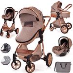 Baby Pram Pushchair Buggy with Car Seat Lightweight Stroller Folding Strollers 3 in1 Travel System Baby Trolley Baby Pram for Newborns Toddlers 0-36 Months from Birth (Beige - Rose Gold Frame)