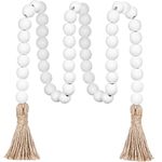 Meplait 39in Wood Bead Garland Farmhouse with Tassels,Versatile Prayer Beads Boho Chic Wall Hanging Home Decor (White)