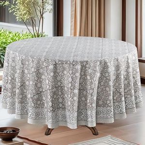 Ridhi Round Tablecloth Hand Block Print 100% Cotton Reusable Taupe 110 Inch Table Cover Decorative Everyday Use for Dining, Home, Party, Wedding, Farmhouse, Party Gift for Spring, Mother's Day