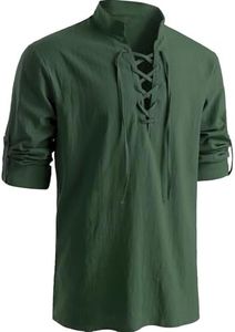 COSLILLI Renaissance Men Costume Shirt 100% Cotton, Medieval Pirate Tunic with Lace-Up V-Neck & Roll-Up Sleeves, Viking Blouse for LARP & Halloween Cosplay-Army Green,Small