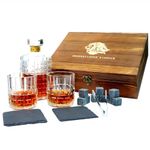 LUSKEYCOR Whiskey Decanter Set with Wooden Crate, Whiskey Decanter 17 oz and 2 Glasse with 9 Whiskey Stones, Slate Coasters, Tongs,Velvet Pouch Gift for Men husband Dad Father's Day Wedding