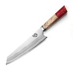 MITSUMOTO SAKARI 8 inch Japanese Kiritsuke Chef Knife, Hand Forged 67 Layers 440C Damascus Steel Kitchen Knives, Professional Meat Sushi Chef's Knife (Red Pomegranate Handle & Wooden Box)