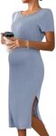 Ekouaer Maternity Dress Ribbed Knit Baby Shower Midi Pregnancy Dresses Side Slit Bodycon Pregnant Clothes Light Blue X-Large