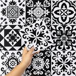 Hode Kitchen Bathroom Tile Stickers Stick on Tiles, Sticky Back Peel and Stick Self Adhesive Wall Tiles, Vinyl Waterproof Black and White Moroccan, 24pcs 15x15cm