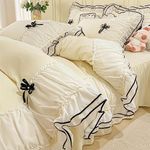 IHOUSTRIY Cream Duvet Cover Queen Size, Ruffle Beddding Set with Bowtie, 3 Pieces Comforter Cover Set with Zipper Closure, Girl Bedding with Pillowcase - Cream Yellow, Queen