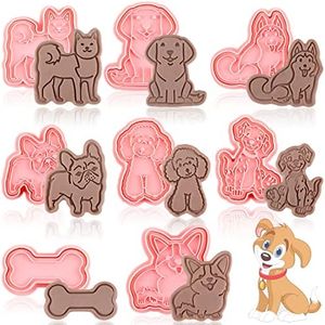 8 Pcs Dog Cookie Cutters with Plunger Stamps Set 3D Puppy Bone Shape Biscuit Cutter Funny Cartoon Cookie Stamps Stamped Embossed Dog Cookie Cutters for Treats DIY Cookie Baking Supplies (Vivid Style)