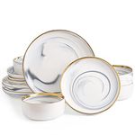 Pokini Dinnerware Sets, Marble Gold Line Plates and Bowls Sets Stoneware Dishes Set for 4, 12 Piece White Grey China Porcelain Round Dinner Dish Sets, Modern Plates Set Kitchen Decor