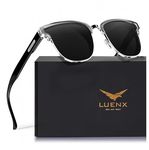 LUENX Retro Semi Rimless Sunglasses for Men and Women Polarized Black Lenses Semi-transparent Gray Frame Glossy Black Arm with Spring Hinge