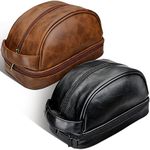 Paterr 2 Pcs Leather Toiletry Pouch for Men Women Durable Travel Dopp Bag Shaving Kit Upper and Lower Zippered Compartments for Toiletries Accessories, main black, reddish brown, Toiletry Bags