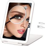 LUKYMIRO Rechargeable Travel Makeup Mirror with Lights, Portable Lighted Vanity Mirror with 10X Magnification, 70 LEDs 3 Color Lights, Touch Tabletop Folding Compact Cosmetic Mirror White