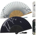 Leehome Folding Hand Fans for Women -Chinese Japanese 2pcs Vintage Bamboo Silk Fans - for Dance, Music Festival, Wedding, Party, Decorations,Gift. (Gray & Black Bamboo)