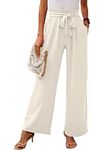 Heymoments Wide Leg Womens Pants Casul Lightweiht Waisted Adjustable Tie Knot Loose Comfy Casual Trousers with Pockets White XL