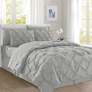 Elegant Comfort 8-Piece Pinch Pleated Comforter Set - All Season Complete Bed in a Bag, Includes 4pc Smart Sheet Set, Bed Skirt, Comforter, Matching Pillowcases and Shams, Full/Queen, Light Gray