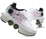 Roller Skates Girl, Sneakers Roller Skate Shoes Sneakers with Wheels Sport Gymnastics Fashion Multi-purpose Kick Roller Shoe for Boys Girls, White Pink Flower, 5 UK