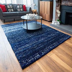 Plush Navy Blue 3cm Pile Shaggy Shag Striped Rug Denim Speckled Thick Fluffy Living Room Lounge Sunroom Bedroom Rugs 120cm x 170cm