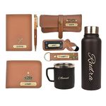 YOUR GIFT STUDIO Personalized All in One Gift Combo for Men’s | Customized Man Gift Hamper with Name & Charm, Leather Men Wallet, Passport Cover, Water Bottle, Keychain, Customised Pen - Tan