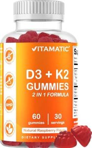 Vitamatic Vitamin D3 K2 Gummies - 60 Count - Supports Healthy Bone, Heart & Calcium Absorption, & Immune Health - Plant Based, Non-GMO, Gluten Free