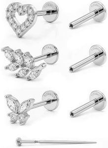 YACHY G23 Titanium Flat Back Earrings, 18G Labret Studs, 3-Piece, Silver