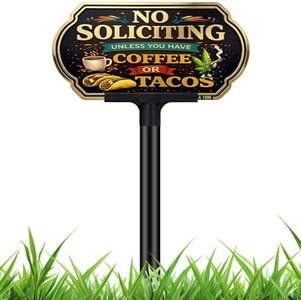 Funny No Soliciting Sign for House with Adjustable 37" Stake, Coffee and Tacos Welcome Private Property Sign for Yard, 10x5" Rust-Free Aluminum, UV Protected & Weatherproof for Housewarming Gift