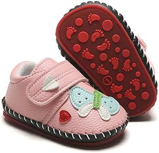 HsdsBebe Baby Boys Girls Pu Leather Hard Bottom Walking Sneakers Toddler Rubber Sole First Walkers Infant Cartoon Slippers Crib Shoes, A/Butterfly/Pink, 12-18 Months Toddler