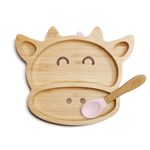 Moon and Moo Cow Bamboo Suction Plate and Spoon Set for Kids, Toddlers and Baby Weaning - Non-Toxic – Plastic Free - Stay Put - Baby Suction Plate - Baby Weaning Set