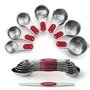Spring Chef Magnetic Measuring Cups & Spoons Set (Patent Pending), Strong N45 Magnets, Heavy Duty Stainless Steel Fits in Spice Jars for Baking & Cooking, BPA Free, Round Set of 15 with Leveler, Red