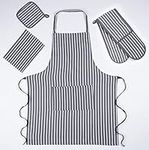 Double Oven Gloves Set with Apron Heat Resistant Oven Mitts for Home Kitchen Baking and Cooking, Butchers Stripe Pot Pan Tray Double Oven Gloves Set (Grey)