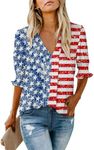 Roshop Women's Dressy Smocked Sleeve Deep V Neck American Flag Patriotic Blouses, White Star-2