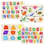 Montessori Wooden Peg Puzzles for Toddlers 3 4 5 Year Old, 4 Pcs Kids Educational Toys Preschool Learning Activities-Alphabet, Shape, Number and Dinosaur, Baby Puzzle Gifts for Boys Girls