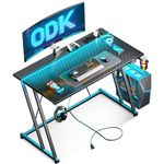 ODK Gaming Desk with LED Lights & Power Outlet, Gaming Table with Cup Holder and Headphone Hook, Double Z Frame Design Computer Desk, Carbon Fiber Black PC Desk 100 cm