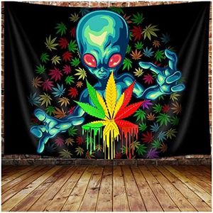 Cool Weed Tapestry for Men, Trippy Alien Stuff Marijuana Leaf Tapestry Wall Hanging for Bedroom, Psychedelic Tie Dye Stoner Tapestries Poster Beach Blanket College Dorm Home Decor (60X40)