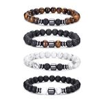 RANKEEF Tiger Eye Bracelet For Men 8MM Natural Stone Beads Bracelet Set Stretch Lava Rock Bracelets Adjustable Black Crystal Beaded Bracelet for Men Women Gifts