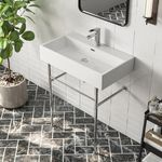 DeerValley DV-1CS0118A Bathroom Console Sink with Chrome Legs, 30" x 17" White Rectangular Bathroom Lavatory Sink with Overflow, Wall Mount Single Bowl, Chrome