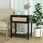 Anmytek 24" H Wood Black Nightstand,Mid-Century Modern End Table with Drawer and Open Shelf Storage Rattan Bedside Table Small Side Table for Bedroom, Sofa End for Hallway, H0020