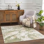 Hauteloom Liverpool Modern Abstract Bedroom Living Room Area Rug - Boho Carpet - Contemporary Bohemian Farmhouse - Green, Brown, Cream, Off White - 5'3" x 7'