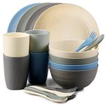 Shopwithgreen 20 pc Wheat Straw Dinnerware Sets Service for 4, Reusable Plastic Plates and Bowls Set Include Cups, Forks, Spoons, Unbreakable Lightweight Microwave & Dishwasher Safe（Coastal Colour）