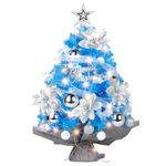 Yeauhwov Mini Christmas Tree: 2ft Small Blue Christmas Tree with Lights, Tabletop Artificial Xmas Tree with LED String Light & Ball Ornaments, for Desk Christmas Decors Home Office Party