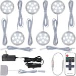 Meigour Curio Display Cabinet Light Kit, Small Round Under Counter LED Puck Lights, 120 Volt US Wall Plug Adapter, Wireless Remote Dimmable, 6 Ways Octopus Distributor, 6 Lights, Cool White