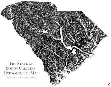 Muir Way Hydrological River Map of South Carolina - Watershed Topographic Wall Art for Home, Office, or Travel Decor - Unframed Flat Paper Print, 24x30
