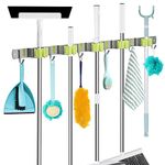 Golden bird Stainless Steel Mop And Broom Holder Wall Mount, Heavy Duty Broom Holder Wall Mounted Or Tool Organizer Ss304 (5 Positions With 6 Hooks)