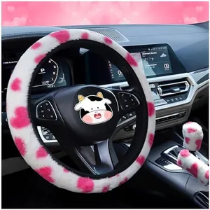 SuperKaKa 3PCS Plush Heart Print Steering Wheel Cover,Auto Furry Cute Shift Gear & Hand Brake Covers Soft Warm Universal Car Interior Accessories for Women Men(Pink Heart)