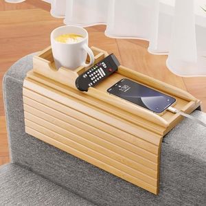 Bestjing Bamboo Sofa Armrest Tray - Couch Arm Tray with Detachable Couch Cup Holder Tray - Anti-Slip Foldable Sofa Table Tray - Cup Holder Tray for Drinks Cup Cellphone Remote Snacks