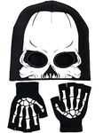 BOMJJOR Fingerless Skeleton Gloves and Skull Maskfor Kids Glow in Dark Unisex Hand Riding Knit Gloves Halloween Black (Glove and beanie)