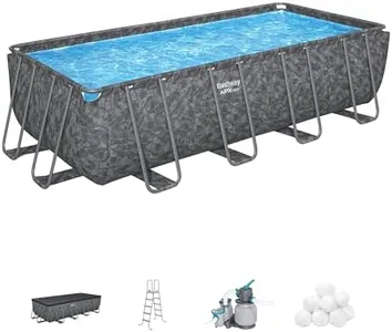 Bestway APX 365 18' x 9' x 52" Rectangular Above Ground Swimming Pool Outdoor Backyard Framed Pool Set with Sand Filter Pump, Ladder, and Cover, Gray