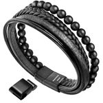 murtoo Mens Bead Leather Bracelet, Natural Bead, Steel and Leather Bracelet for Men Christmas Gift (Onyx black, 8.85)