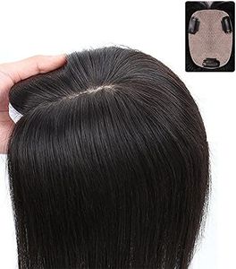 RemeeHi Clip in Silk Base Hair Topper Human Hair for Women Thin Clip on Crown Top Hairpiece Small Toupee for Thinning Hair 9x14 Natural Color 14 Inch