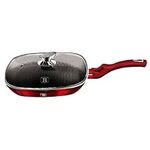 28cm Colorful Square Grill Pan Fry Frying Marble Non Stick Griddle Steak Kitchen Induction Appliances (Red with Lid)